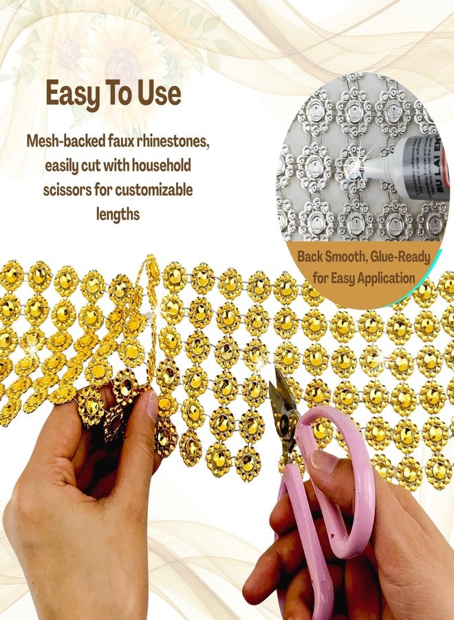 Flavizo 6 Rows Crystal Rhinestone Ribbon Strips - Sunflower Decorative Bling Diamond Glitter Tape Roll for Fabric, Clothing & DIY Crafts (Golden, 1 Yard / 0.9m) - Image 4